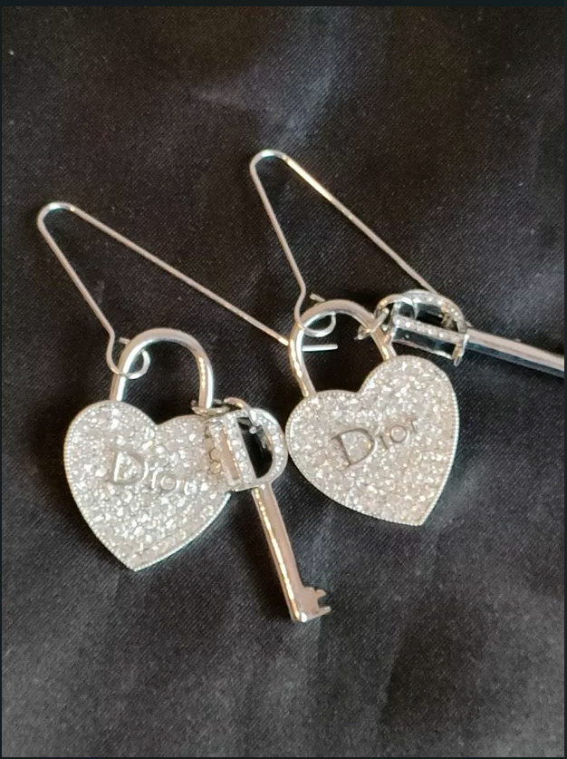 Christian Dior Heart Shaped Key Rhinestone Hook Earrings Silver