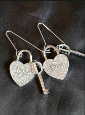Christian Dior Heart Shaped Key Rhinestone Hook Earrings Silver