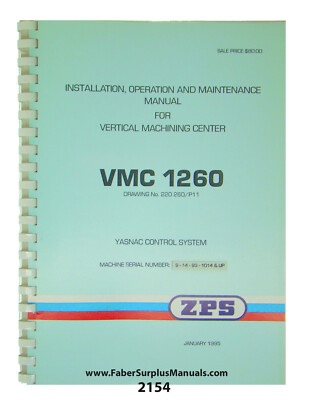 ZPS / TAJMAC Vertical Machining Center VMC1260 w/Yasnac Op & Maint Manual #2154