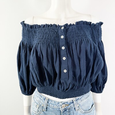 We The Free Dancing Til Dawn Smocked Off Shoulder Top Size S Boho Blue