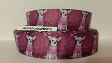 Grosgrain Ribbon, White Chihuahua Doggies in Pink Sweater, Rescue Puppy, 1"
