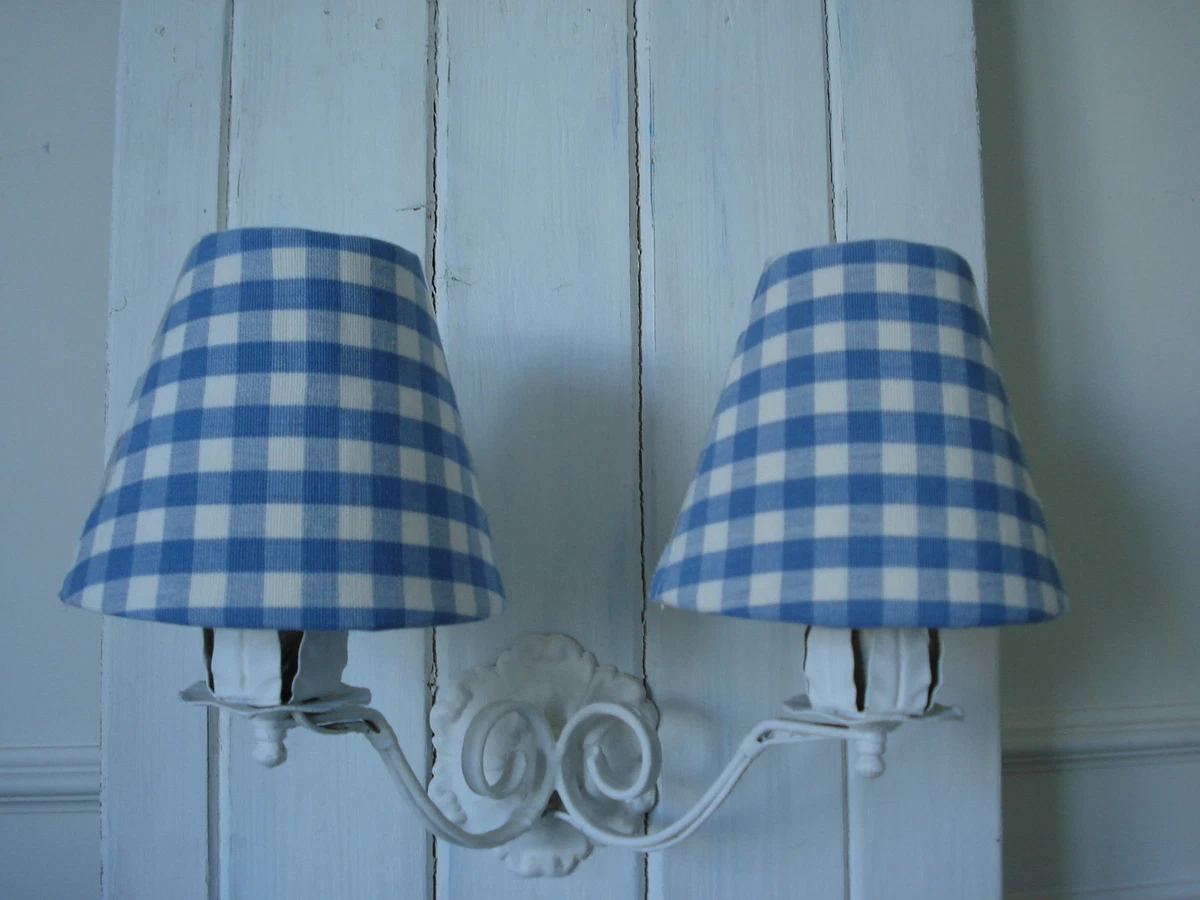 LAURA ASHLEY CANDLE LAMPSHADES BLUE CHAMBRAY GINGHAM COUNTRY STYLE CHIC