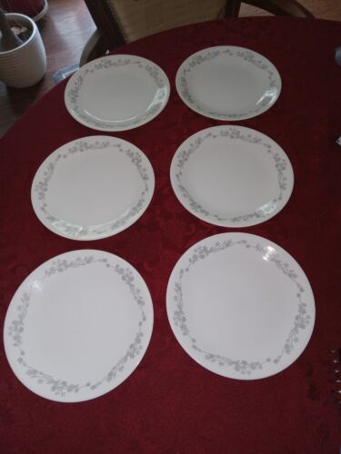 Set 6 Corelle RIBBON BOUQUET 8.5" LUNCH Salad Luncheon PLATES Gray Flowers - Picture 1 of 8