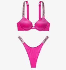 Victorias Secret Sexy RHINESTONE Shine Strap Push Up Bra Thong Set Smooth Frenzy