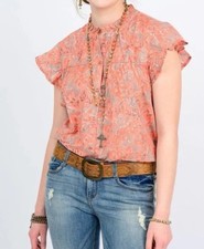 SISTER MARY Women&rsquo;s Size L Boho Flutter Sleeve Cotton Button Front Blouse Top