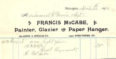 1898 Francis McCabe Jr. Philadelphia Painter Glazier billhea