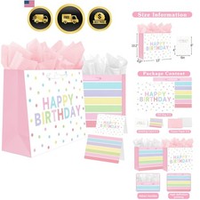 2-Pack 13" Large Happy Birthday Gift Bags Party with Tissue Paper, Cards for ...