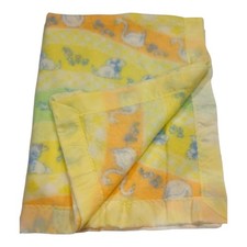 Vintage Baby Blanket 36x48 Yellow Pastel Animal Print Nylon Trim Fleece