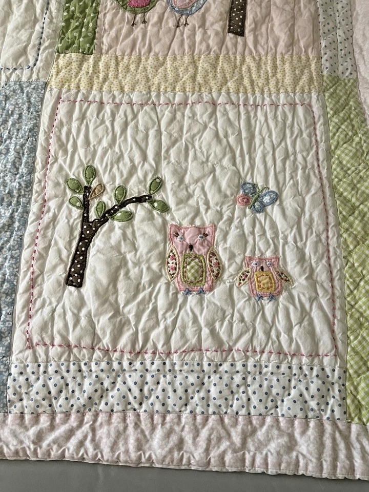 Pottery Barn Kids Hayley Owl Crib Quilt Butterflies Bird Trees Pink White Green  - Image 2 of 4