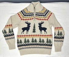 Crewcuts Sweater Pullover Kids S 6-7 Beige Fair Isle Moose Tree 1/4 Zip Holiday