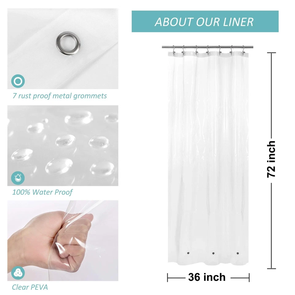 Revestimiento de cortina de ducha de alta resistencia 36x72, PEVA 8G, 3 imanes, impermeable, transparente Foto 2 de 4