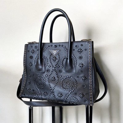 PRADA BLACK Saffiano Leather Embroidered Twin Pocket Double Handle Tote Bag