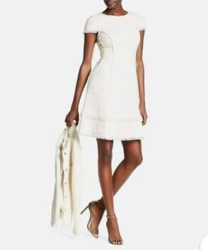 Rebecca Taylor Womens Dress 10 Fringe Tweed Shift Ivory Metallic - Image 2 of 4