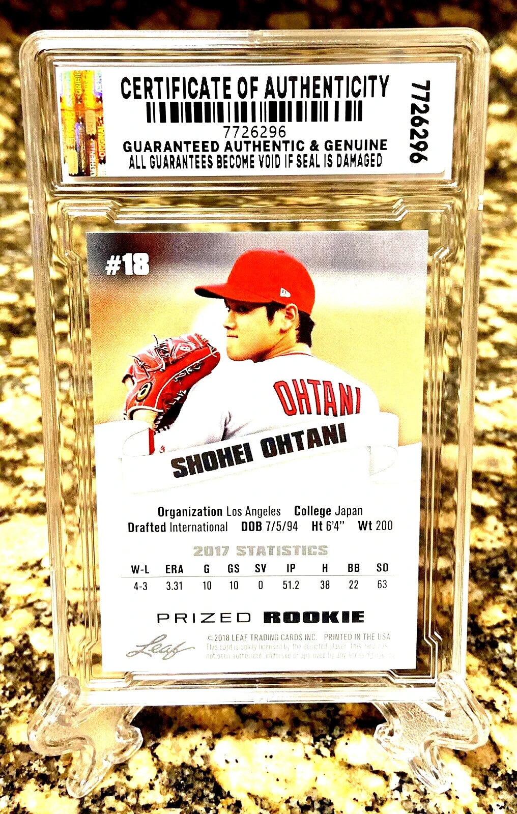 SHOHEI OHTANI RC 2018 LEAF Graded Gem-Mt 10 PRIZED ROOKIE CARD #18 Coa!