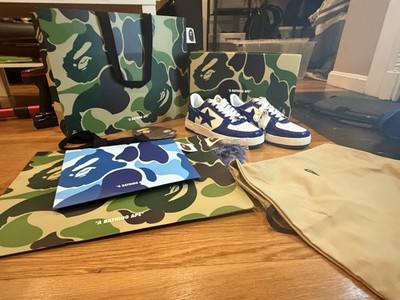 BAPE STA Blue White Patent Leather Sneakers Men 8.5 26.5cm NEW Japan Full Set