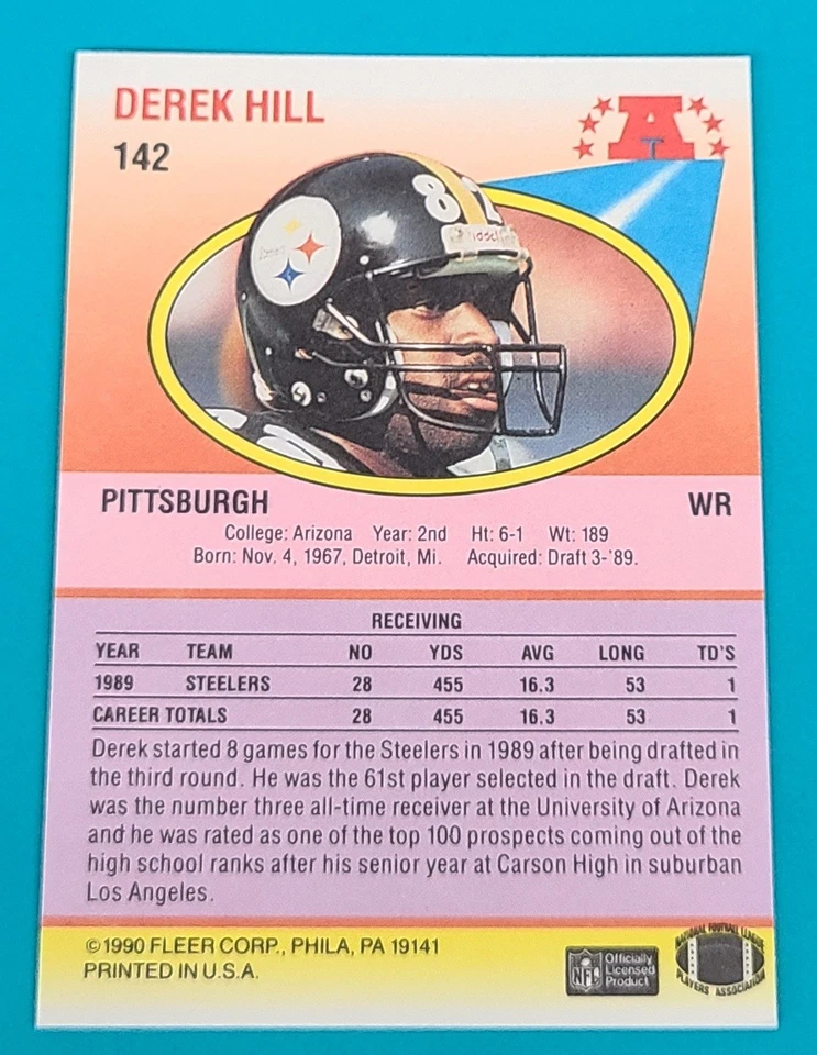 1990 Fleer RC #142 Derek Hill Pittsburgh Steelers FOOTBALL Card N6 - Image 2 of 2