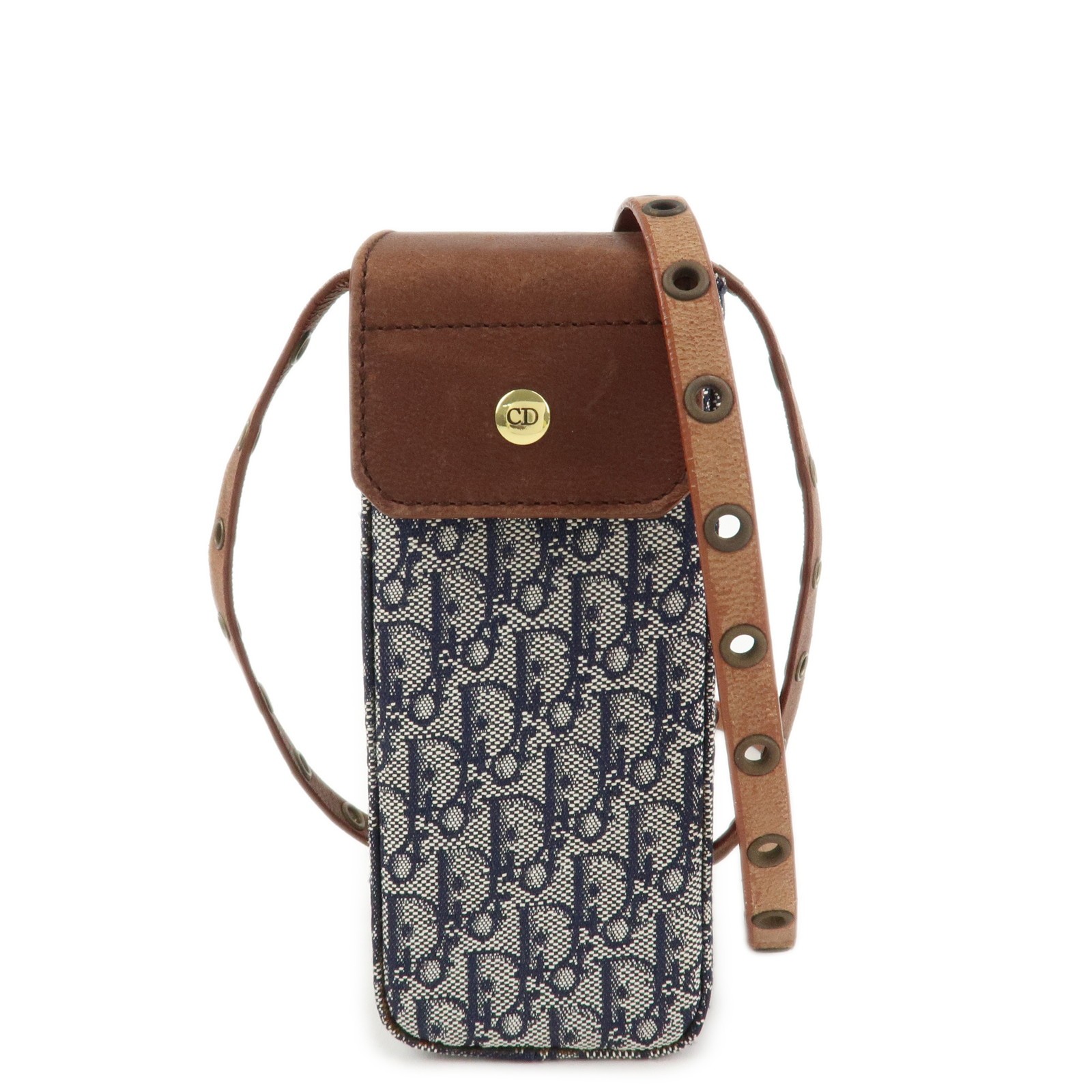 Vintage Christian Dior Trotter Canvas & Leather Shoulder Bag Navy Brown Pre-Owned