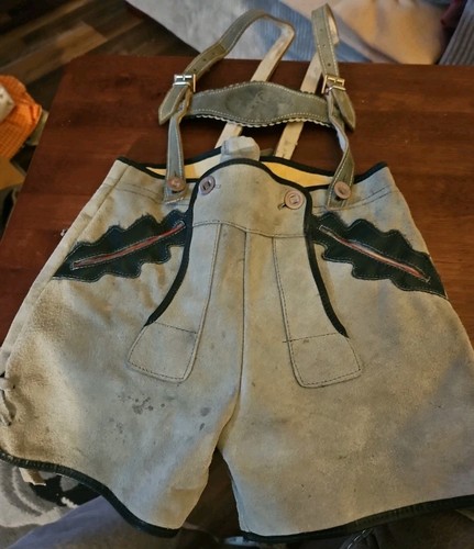 Vintage German Bavarian Gray Suede Leather Lederhosen Oktoberfest 23" W 27" H