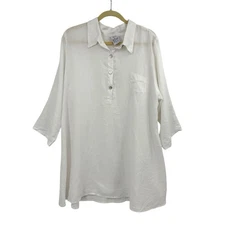 Match Point White Linen Tunic Top Collared Lagenlook Sz L Blouse Roll Tab Sleeve