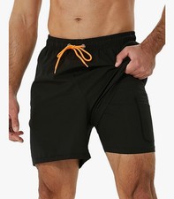 Mens Swim Shorts 2 in 1, with Compression Liner, Quick-Dry, with Zipper Pockets