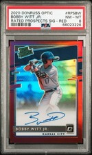 BOBBY WITT JR 2020 DONRUSS OPTIC RED PRIZM AUTO /50 RATED PROSPECT PSA 8 NM-MT