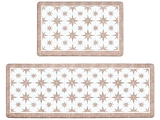 2 PCS Anti Fatigue Kitchen Mat Set Cushioned Non Slip Tan Star Tile Floor Rugs
