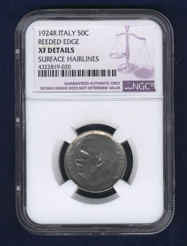 ITALY KINGDOM 1924-R  50 CENTESIMI COIN, NGC CERTIFIED "XF DETAILS"