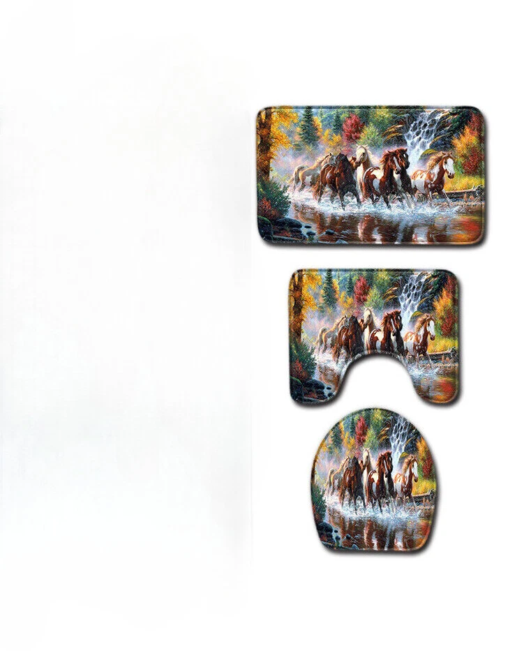 Million Horses Cortina de Ducha Juego de Alfombra de Baño Alfombra de Baño Antideslizante Cubierta de Inodoro- Foto 4 de 4