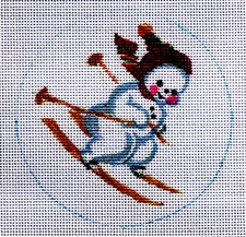 Handpainted Needlepoint Canvas, Skiing Snowman Ornament, 4" x 4" rzzart