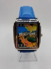 Ladies Novelty Hollywood Quartz Watch 35mm Rectangle Silver Tone Blue Leather