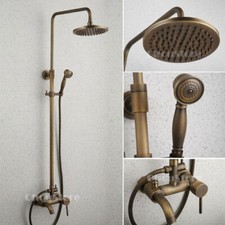 Wall Mounted Antique Brass Rain Shower Head Bath Faucet Set w/ Tub Filler Spout