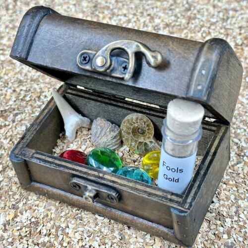 Treasure chest gift with real fossils, crystals, and gemstones - genuine - Picture 1 of 5