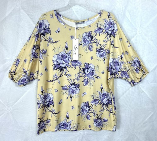 NWT Womens Purple Floral Print Puff Sleeve Top - XL - 第 1/9 張圖片