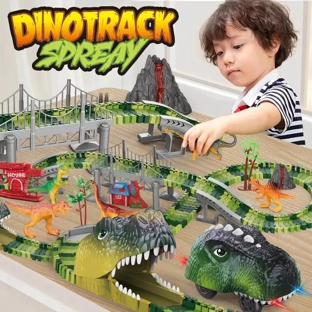 113 Pcs Dinosaur Track Electric Dinosaur Car Mountain Road Rail Kids Playful Toy