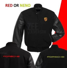 911 Vintage Style Black Leather Wool Letterman Varsity Bomber Jacket Men’s