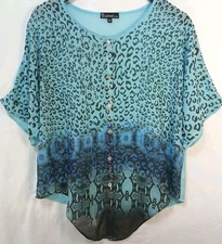 Signature Studio Sheer Button-Up Top M Aqua Black Leopard Snakeskin Print