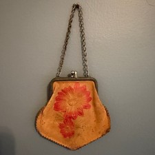 Antique Leather Coin Purse Steel Kiss Lock Clasp Change Purse 1930s Red Flower