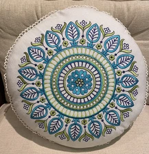 16" Round Turquoise Aqua Blue Green Embroidered Mandala Pillow Linen Hippie BOHO
