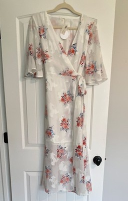 EN CRÈME Floral Wrap Maxi Dress White Pink Blue Red Flutter Sleeve Size M NWT