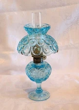 Vintage L.G. Wright Moon and Stars Mini Light Blue Glass Oil Lamp 9”