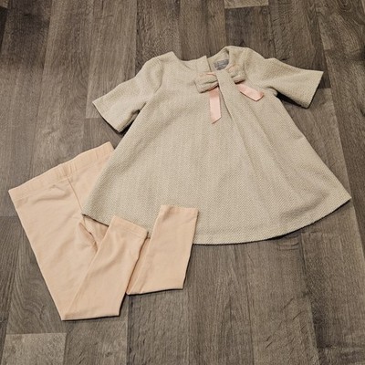 Tahari 24 Months Girls Sparkle Dress & Pink Leggings Herringbone Beige Cream EUC