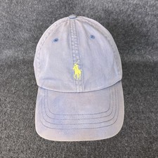 VTG Polo Ralph Lauren Blue Hat Leather StrapBack Mens Cap Yellow Pony DISTRESSED