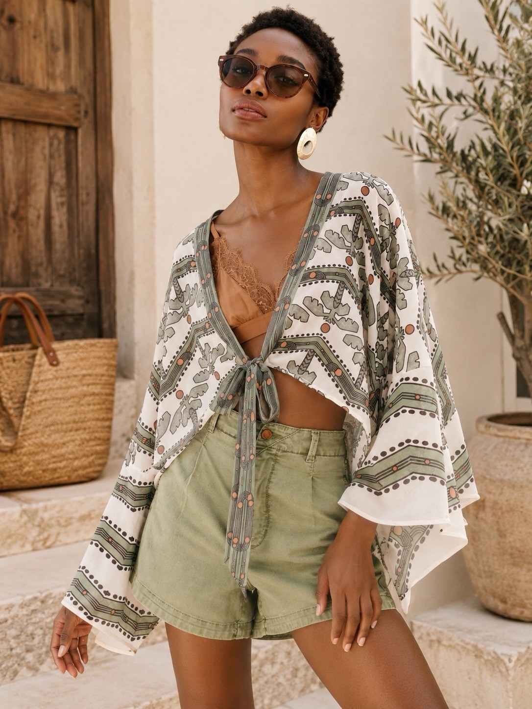 Anthropologie Pilcro Palm Print Tie Front Kimono Wrap Top Cover Up SOLD OUT EUC image 6