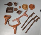 lot of vintage Johnny West accessories, holsters, rifles and hats 60's Marx