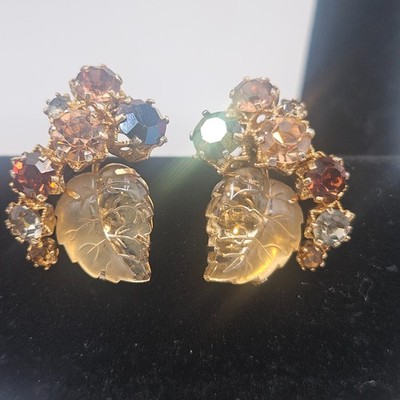 Triad Carved Glass Leaf Aurora Borealis Rhinestone Clip Earrings Holiday Sparkle