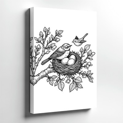 Wall Art Bird on Branch Floral Line Drawing Black White Nature Print Home Decor