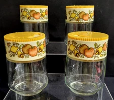 4 Vintage Spice Of Life Gemco Corning Glass Jars Spice Shakers Veggies Mushrooms