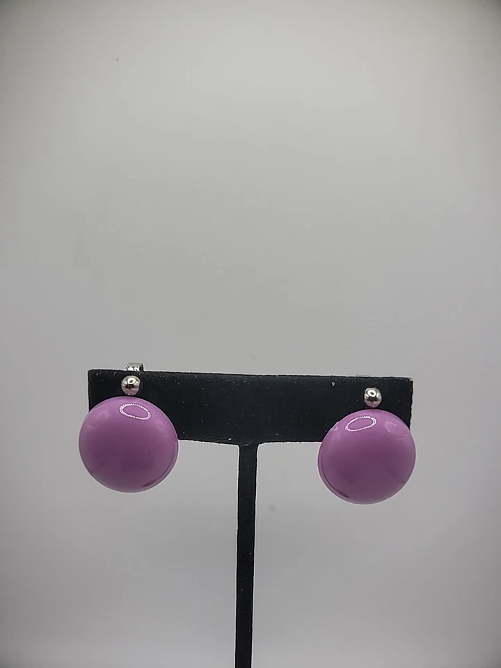 Vintage Earrings Clip On Hypo Allergenic Purple Round Button Silver Tone Jewelry - Image 4 of 4