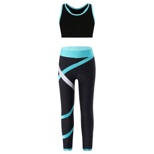 Kid Girl 2 Piece Tracksuit Crop Top With Athletic Leggings Set Dance Yoga Outfit - Picture 8 of 60
