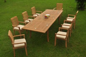 DSMS A-Grade Teak 9pc Dining Set 118" Rectangle Table 8 Stacking Arm Chair Patio
